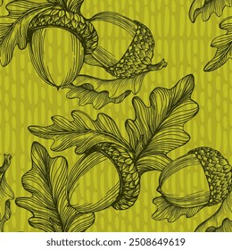 Seamless Autumn Fall Leaves Background Pattern. Seamless oak leaf and acorn pattern.