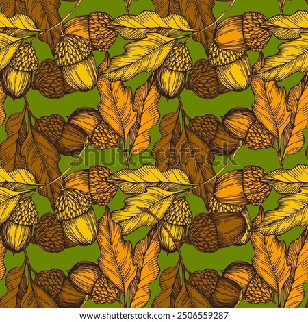 Seamless Autumn Fall Leaves Background Pattern. Seamless oak leaf and acorn pattern.