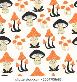 Seamless autumn fall mushroom pattern in flat style with orange elements on light background for seasonal forest themed fabric and wrapping design

