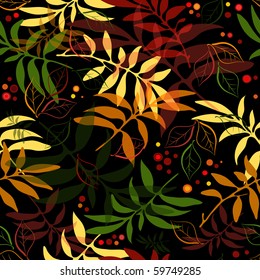 Seamless autumn floral black pattern with colorful leaves (vector EPS 10)