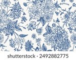 Seamless autumn floral pattern with dahlias, chrysanthemums, asters, zinnias, dogwood berries. Blue