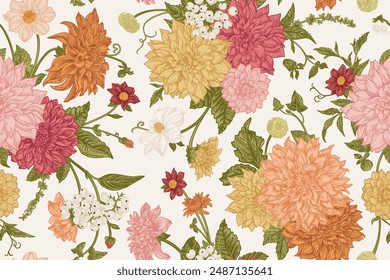 Nahtloses Herbstfloralmuster mit Dahlien, Chrysanthemen, Aster, Zinnien, Hartriegel-Beeren.
Klassischer Hintergrund. In: Vektorgrafik Botanical Illustration. Bunt.