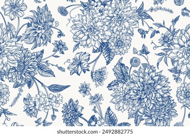 Seamless autumn floral pattern with dahlias, chrysanthemums, asters, zinnias, dogwood berries. Blue