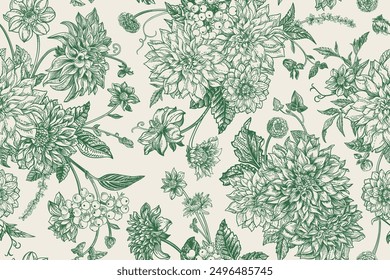 Seamless autumn floral pattern with dahlias, chrysanthemums, asters, zinnias, dogwood berries. Vintage engraving style. Green