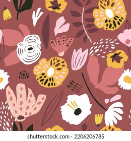 Seamless autumn floral pattern with flowers, leaves. Creative botanical abstract texture with. Great for fabric, textile vector illustration.