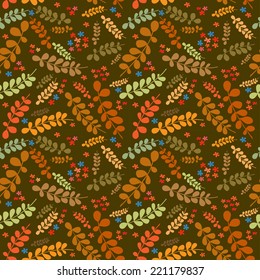 Seamless autumn floral pattern. Grass, leaves, flowers, earth, leaves.