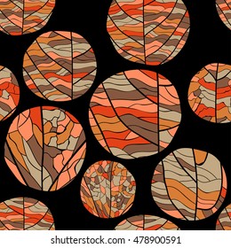 Seamless autumn floral vector pattern. Curve circles of different shades of red color with veins inside on black background.