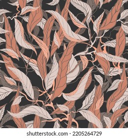 Seamless autumn floral vintage pattern with long leaves and twigs on a square background. Shades of muted red, brown and grey. Used for printing on paper, fabric, packaging, wallpaper. Eps10.