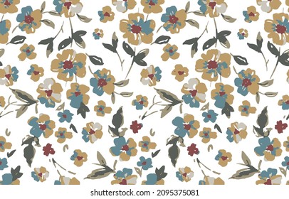 Seamless autumn flowers pattern on white background.