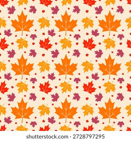 Patrón de follaje de otoño sin fisuras vibrantes hojas de arce y bayas para fondos decorativos estacionales