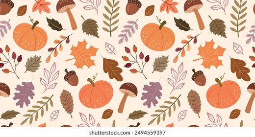 Seamless autumn folk pattern with pumpkins, mushrooms, leaves, branches, acorns, berries