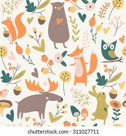 Seamless autumn forest background with cute bear, hare, squirrel, elk, owl, fox, flowers, mushrooms, birds and hearts in cartoon style