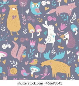 Seamless autumn forest background with cute bear, hare, squirrel, elk, owl, fox, flowers, mushrooms, birds and hearts in cartoon style