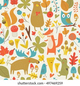Seamless autumn forest background with cute bear, hare, squirrel, elk, owl, fox, flowers, mushrooms, birds and hearts in cartoon style