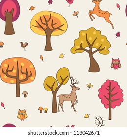 Seamless with autumn forest and deer