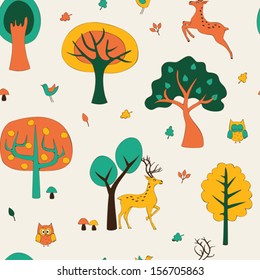 Seamless with autumn forest and deer