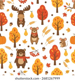 Seamless Autumn Forest Pattern with Cute Woodland Animals