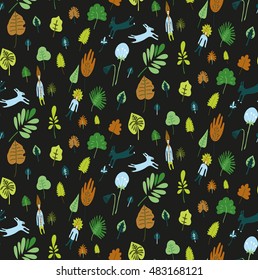 Seamless autumn forest pattern with cute woodland animals, trees, leaves and berries.