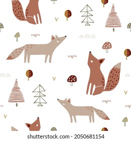 Seamless autumn forest pattern with foxes, trees, mushrooms. Creative kids for fabric, wrapping, textile, wallpaper, apparel. Vector illustration