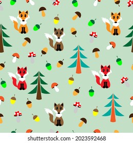 Seamless autumn forest pattern with images of fir trees, foxes, mushrooms and acorns