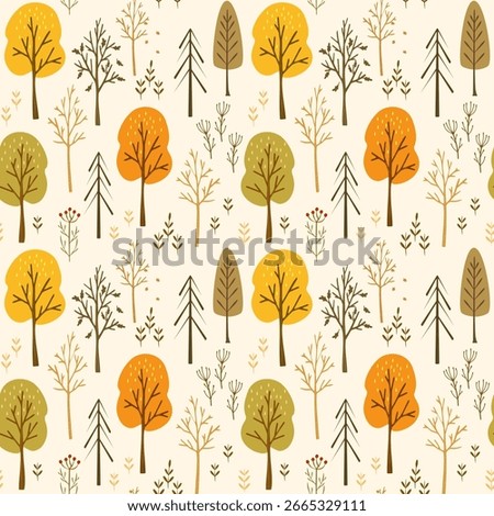 Seamless autumn forest pattern with variety of illustrated trees, bare branches, and small plants on a light beige background. Perfect for fabric, wallpapers, wrapping paper, and digital backgrounds.