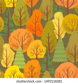 Seamless autumn forest trees pattern. Colorful forest tree, outdoor park plants and minimalist floral. Autumnal foliage lush wrapping or wallpaper vector background illustration