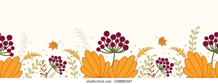 Seamless autumn hand-drawn border. Fall design in a simple flat style.