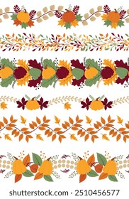 Seamless autumn hand-drawn borders set. Wreath with pimpkins and fall leaves for website header background. Vector illustration	