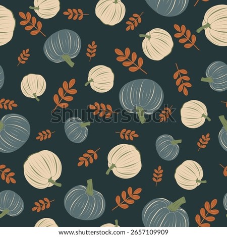 Seamless autumn harvest pattern with blue and milk color pumpkins on the deep blue background. Vector