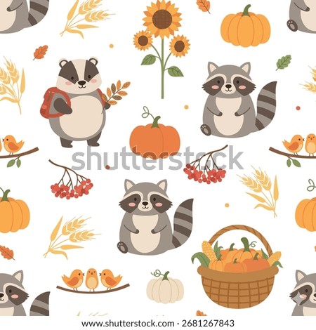 Seamless Autumn Harvest Pattern with Cute Forest Animals and Sunflowers