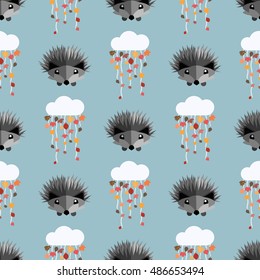 Seamless autumn hedgehogs, clouds and leaves pattern. Nice vector illustration