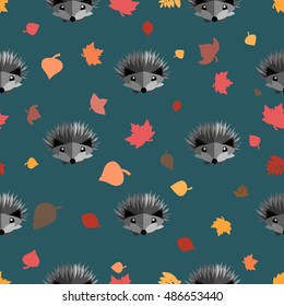 Seamless autumn hedgehogs and leaves pattern. Nice vector illustration
