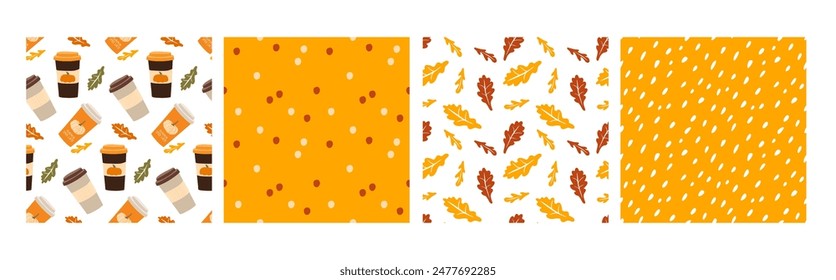 Conjunto de patrones de bebidas calientes de otoño sin costuras, garabato dibujado a mano, latte de especias de calabaza, Formas geométricas abstractas. Conjunto de cinco estampados de bebidas calientes de otoño para papel de embalaje, menú del festival, Fondo de pantalla, embalaje