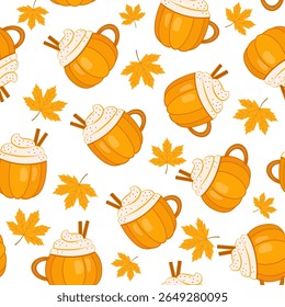 Seamless Autumn hot drink pattern set, hand drawn doodle Pumpkin spice latte.Vector Illustration.