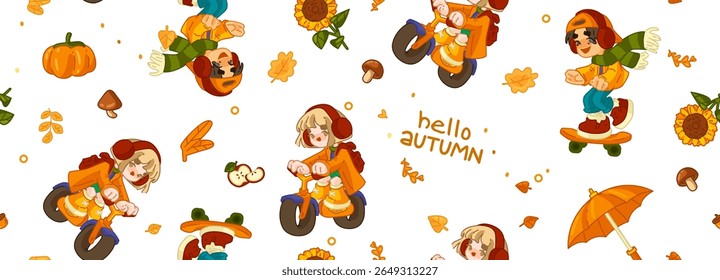 Seamless Autumn Kids Activity Pattern. Seamless pattern with cartoon kids on bicycles and skateboards, pumpkins, sunflowers, mushrooms, leaves and umbrella.