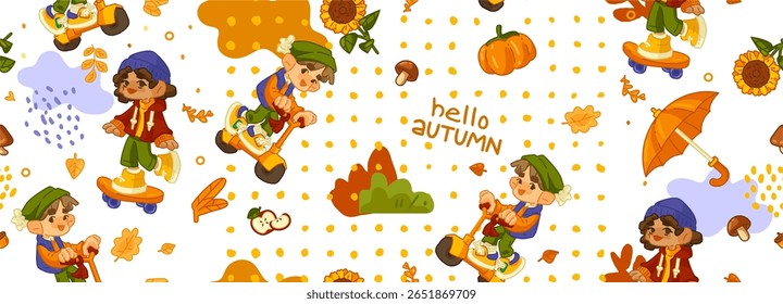 Seamless Autumn Kids Scooter Pattern. Cute cartoon kids riding scooters and skateboards among pumpkins, leaves, umbrellas, and mushrooms. Colorful fall pattern with playful seasonal elements.