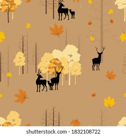 Seamless Autumn landscape with reindeer in forest, Pattern autumnal background with family deers with random orange and yellow leaves.Endless texture for Fall season