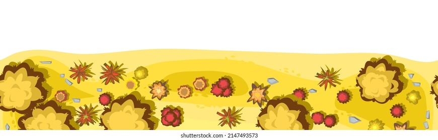 Seamless Autumn landscape top view. Scene with yellow and orange trees and bushes from height. Above countryside. Horizontal border illustration. Isolated on white background. Vector.