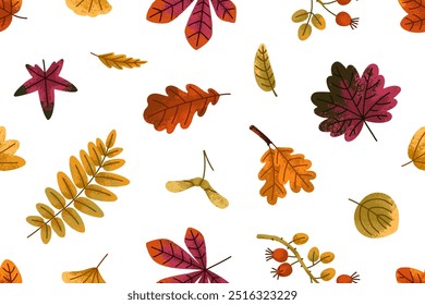 Patrón de hojas de otoño sin fisuras. Diseño de fondo de otoño interminable con hojas estacionales, follaje. Repetir la impresión natural para la tela, la materia textil, el Fondo de pantalla y el abrigo. Ilustración vectorial plana botánica