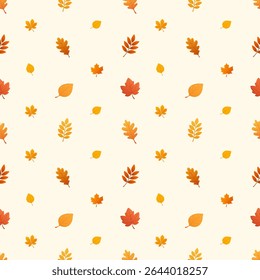 Seamless autumn leaf pattern featuring oak maple birch rowan and beech leaves on a light cream background