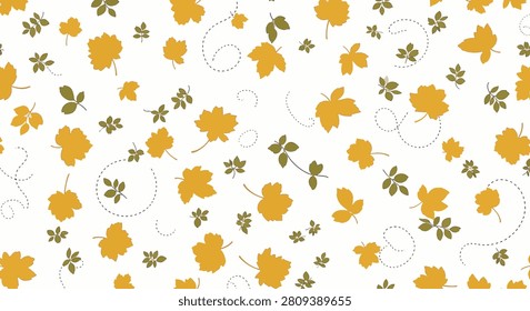 Seamless autumn leaf pattern featuring mustard yellow maple leaves and olive green foliage with dotted wind trails on a white background, ideal for fall textiles or wrapping.