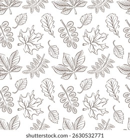 Seamless autumn leaf pattern line art style on white background. Seasonal botanical design perfect for fabric, wallpaper, wrapping paper and fall decoration project.