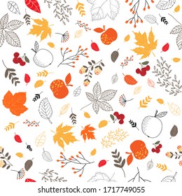 Seamless autumn leaf pattern on white background, made by hand