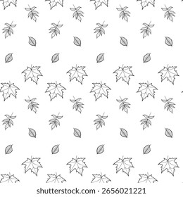 Padrão de folha de outono sem costura - Design vetorial de contorno. Padrão sem costura minimalista com folhas de bordo, cinzas e olmo em estilo de contorno preto. Design de outono repetitivo. 