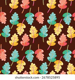 Seamless autumn leaf pattern with red, yellow, green, blue foliage. Vibrant cartoon design, repeating fall background for textiles