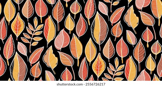 Seamless autumn leaf pattern with vibrant orange, yellow, and red tones on a black background. Perfect for fall-themed designs, textiles, wallpapers, packaging, and seasonal marketing materials.