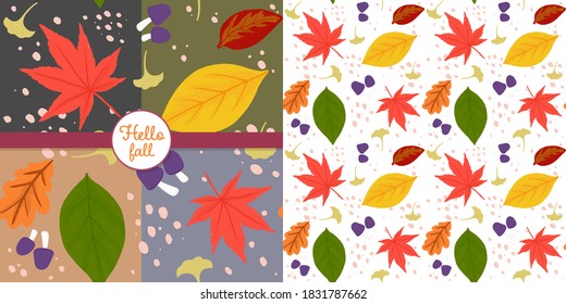 Seamless autumn leaf theme with black, green, nude and purple background samples.