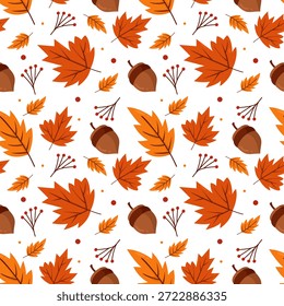 Hojas de otoño sin costuras y patrón de bellota, diseño estacional naranja y marrón