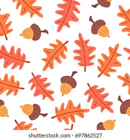 Seamless autumn leaves and acorn pattern. Vector illustration on white background.