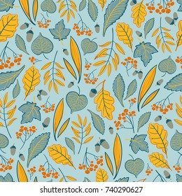 Seamless Autumn Leaves, Acorns and Rowan Berries pattern in bright natural colors